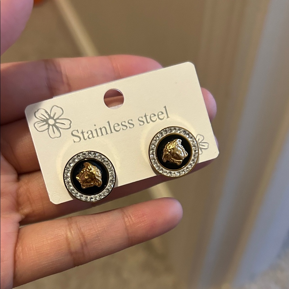 Gold and Black Stainless Steel Lion Earrings